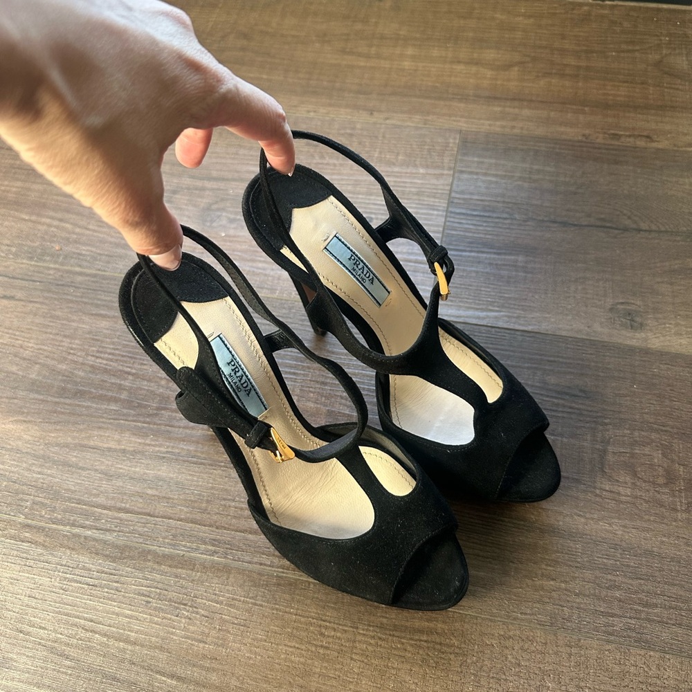 Prada Suede Cutout Accent T-Strap Sandals